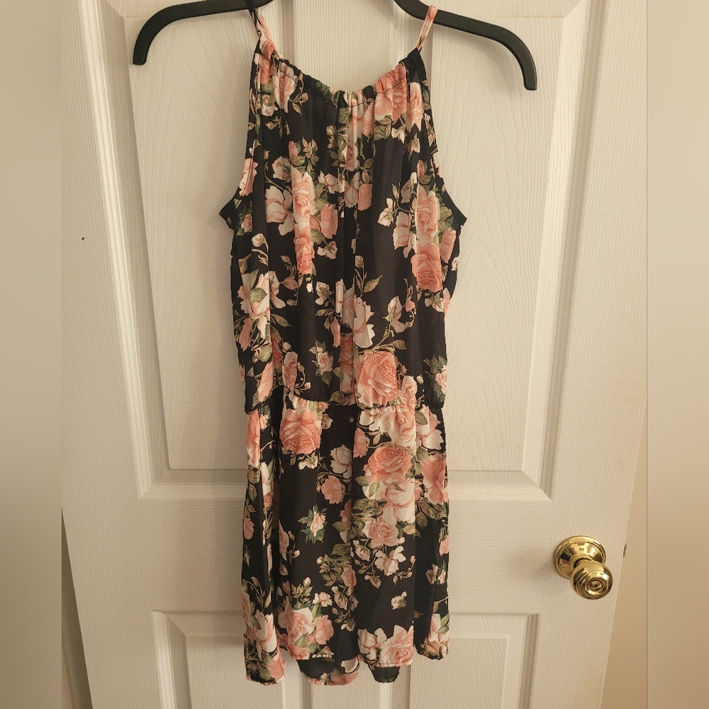 Emetla Floral Black and Pink Chiffon Tank Top Romper